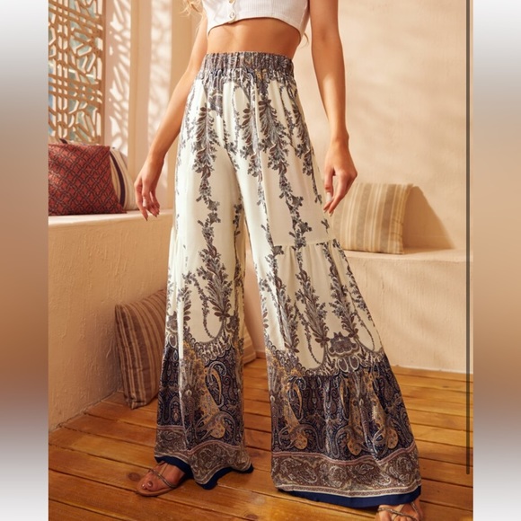 Boho Floral Print Palazzo High Waist Wide Leg Pants - Picture 2 of 8